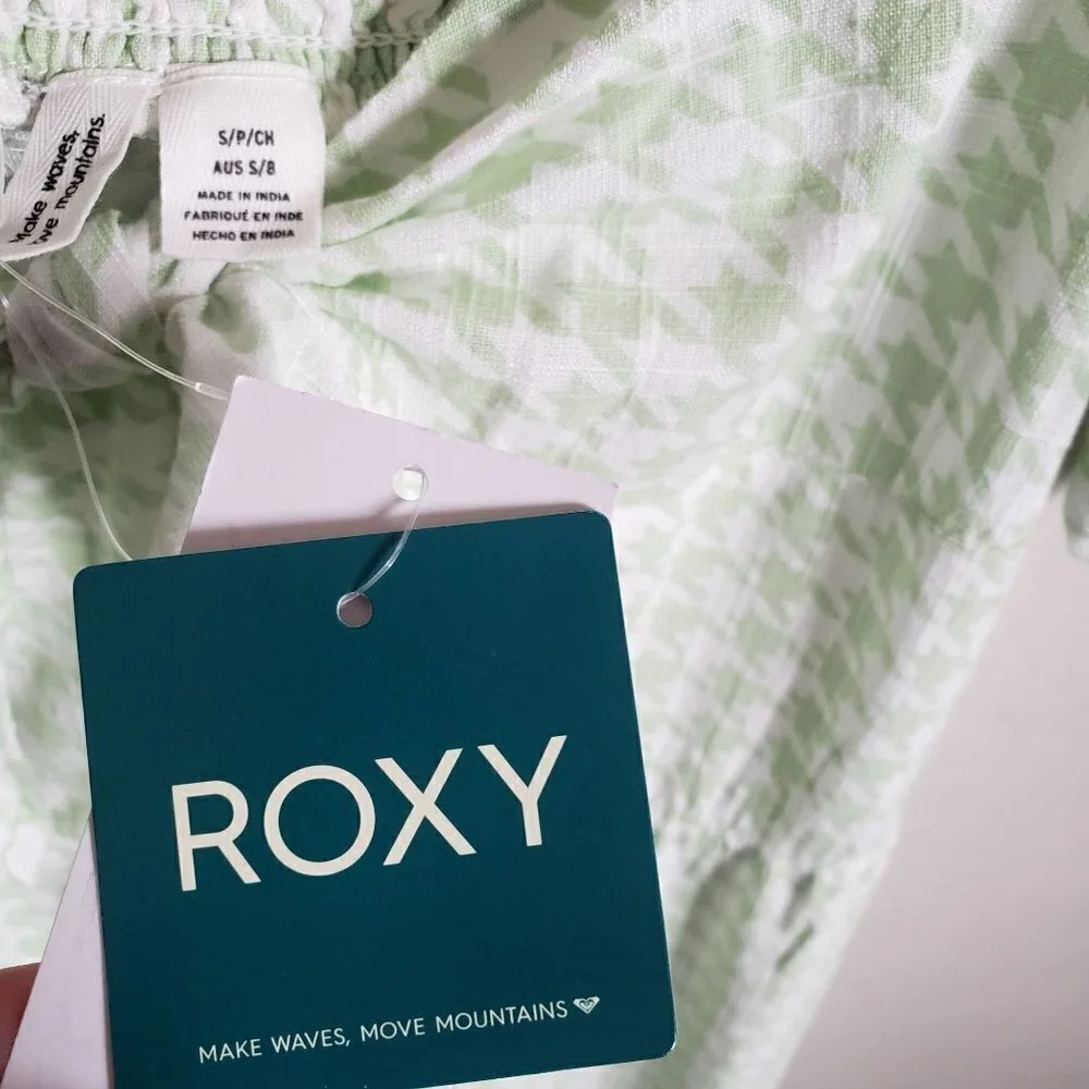 Roxy Summertime Feeling Smocked Midi Dress Houndstooth Green/White Sz Small NEW - Picture 2 of 12